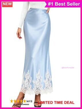 Satin Maxi Skirt Lace Trim High Waist Mermaid Silky Long Skirt